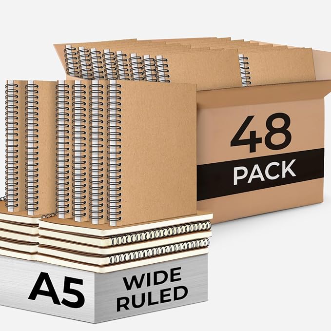 48 Pack Wide Ruled Kraft Spiral Notebook, 5.8 x 8.3, 120 Pages (60 Sheets), No-Bleed, 100 GSM, Bulk Lined Journal Notebooks for Writing, Memo Diary Planner School Travel Office Supplies-DeskLoop Office
