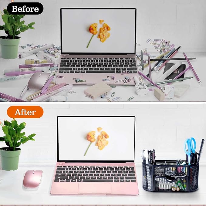 Black Mesh Pen Holder Desk Organizer Cute Office Supplies Pencil and Marker Organizers Oval Desk Caddy with 8 Compartments and 1 Drawer Workspace Accessories for Office School Home-DeskLoop Office