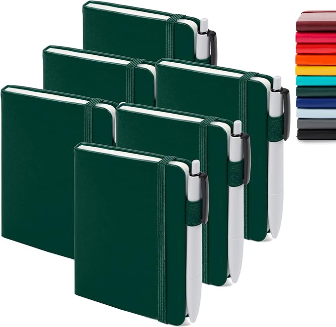 feela 6 Pack Pocket Mini Notebooks Bulk, Small Cute Memo Notepads Hardcover College Ruled Lined Journals with Pen Holder for School Business Work, with 6 Black Pens, 3.5”x 5.5”, A6, Dark Green-DeskLoop Office