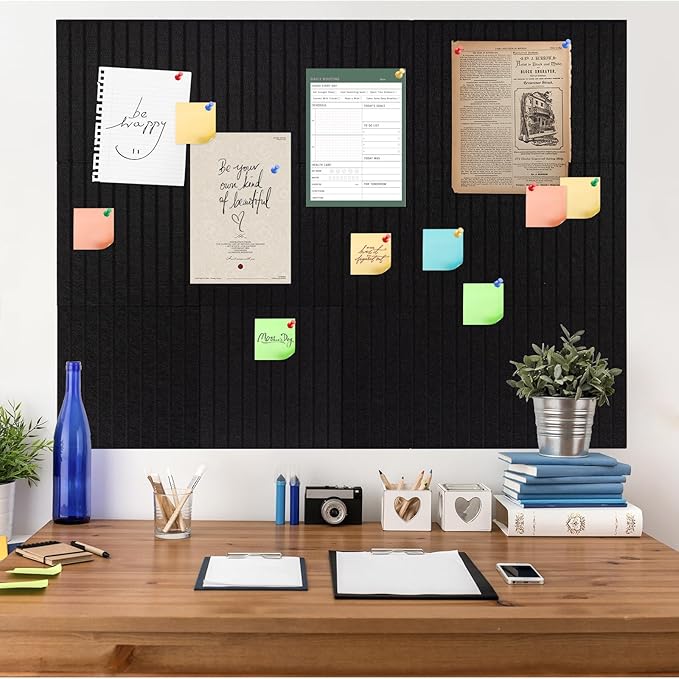Large Cork Board Alternative, 15 Pack Felt Board with Safe Removable Adhesive Tabs Felt Wall Tiles, Large Cork Boards for Walls, Cork Board for Home Office, Pin Boards for Walls, Stripe Black-DeskLoop Office