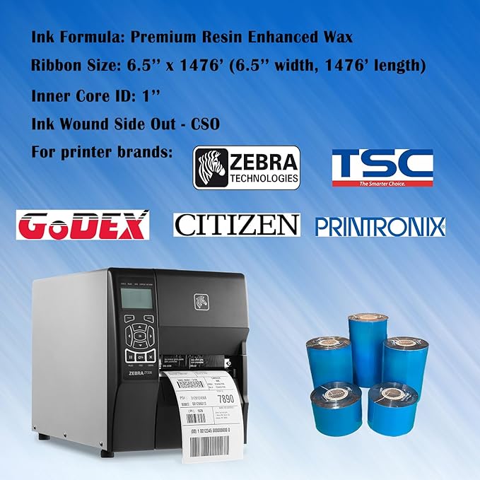 6.5'' x 1476' Premium Resin Enhanced Wax Ribbon, 165mm x 450m Black Thermal Transfer Ribbon, Barcode Thermal Label Printer Ribbon, CSO-Ink Outside, 1'' Core for Zebra, TSC, GoDex, Citizen (1 Roll)-DeskLoop Office
