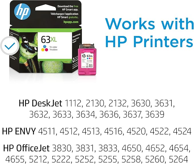 HP 63XL Tri-color High-yield Ink Cartridge | Works with Printer Series: DeskJet 1112, 2130, 3630; ENVY 4510, 4520; OfficeJet 3830, 4650, 5200 | Eligible for Instant Ink | F6U63AN-DeskLoop Office