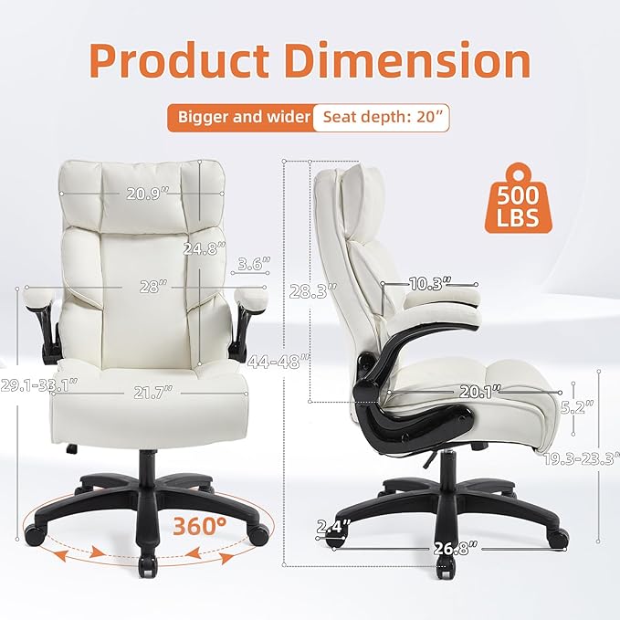 Big and Tall Office Chair 500lbs Wide Seat Executive Office Desk Chair High-Back Office Task Chair with Flip-Up Armrest, Ergonomic Lumbar Support Computer Office Chairs for Heavy People(White)-DeskLoop Office