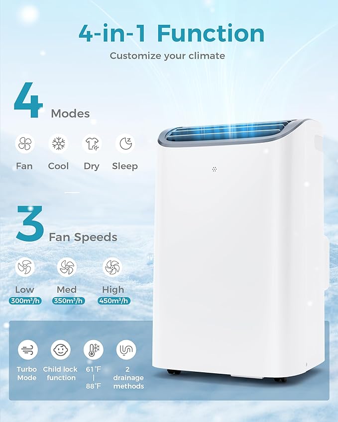 EUHOMY Portable Air Conditioners, 14000 BTU Portable AC Unit up to 700 Sq.Ft, 4-in-1 Portable Air Conditioner with Cool,mDehumidifier, Fan, Sleep Mode, 24H Timer, Remote, for Apartment, RVs, Bedroom-DeskLoop Office