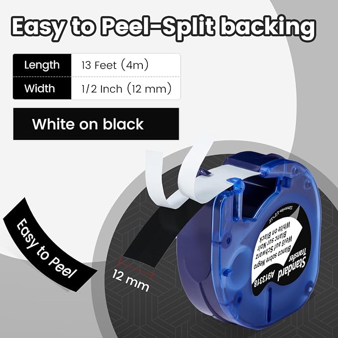 12mm White on Black Tape Compatible - Image 3