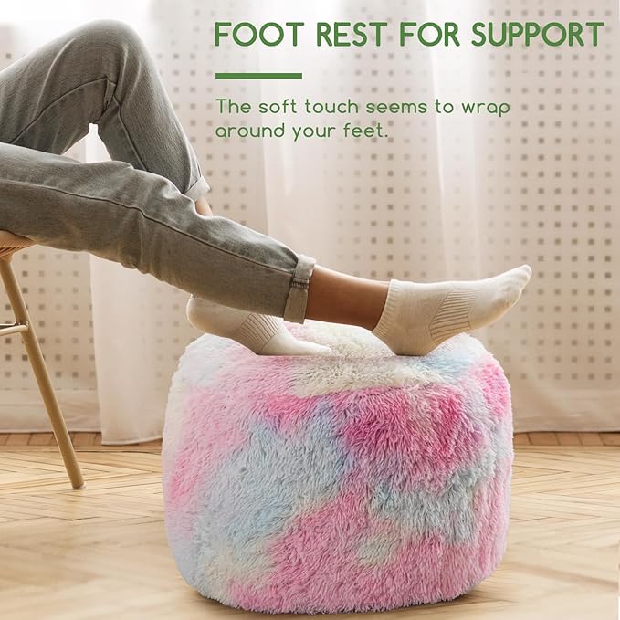 HIGOGOGO Round Stuffed Pouf Ottoman, Long Faux Fur Poufs with Foam Chunk Filling, Fluffy and Furry Pouf Foot Stool Storage Ottoman, 20 X 15 Floor Poufs Foot Rest for Living Room, Rainbow-DeskLoop Office