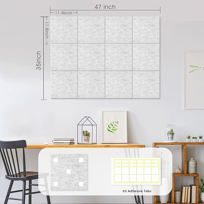 Large Cork Board for Office Wall Decor,48"x36"-12 Pack Felt Wall Tiles with Safe Removable Adhesive Tabs, 1/2" Thick, Felt Bulletin Board Pin Board Cork Boards for Walls - Light Grey-DeskLoop Office