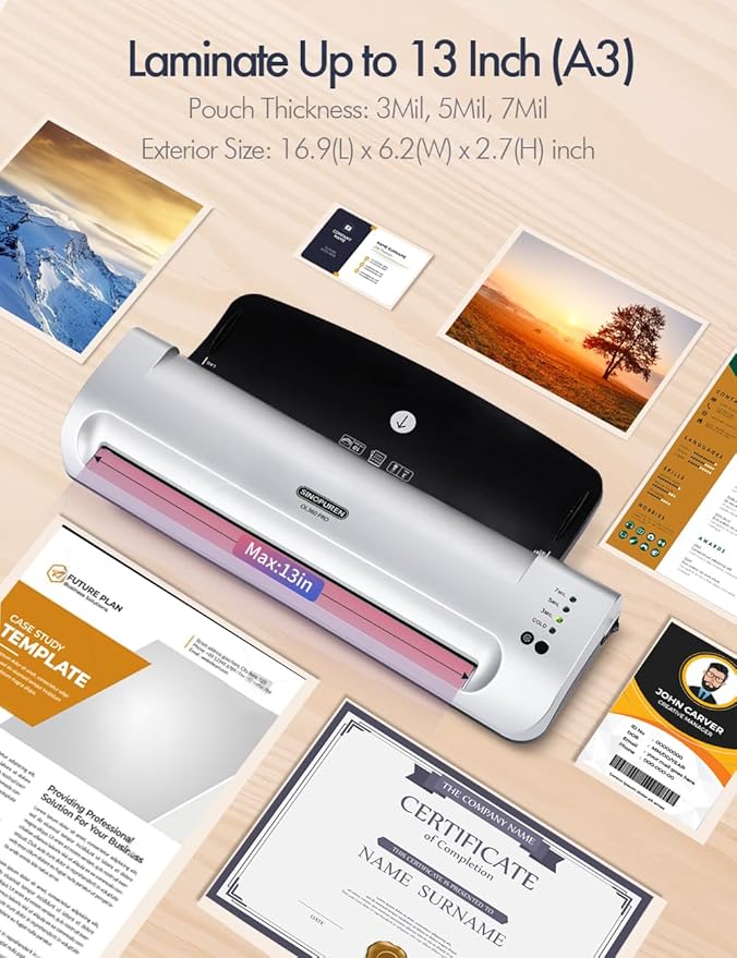 Laminator Machine, SINOPUREN 13-inch Thermal Laminator, with Paper Trimmer, Corner Rounder, 10 Pouches Sheets, Quick Warm-Up, Cold and Hot Laminating for Home/School/Office-DeskLoop Office