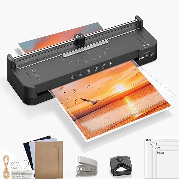 Laminator Machine with 40pcs Laminating Pouches Sheets, 9 in 1 Laminator 13-inch Wide Thermal &Cold Machine Built-in Paper Trimmer Corner Rounder Hole Punch for Home Office School (Black)-DeskLoop Office