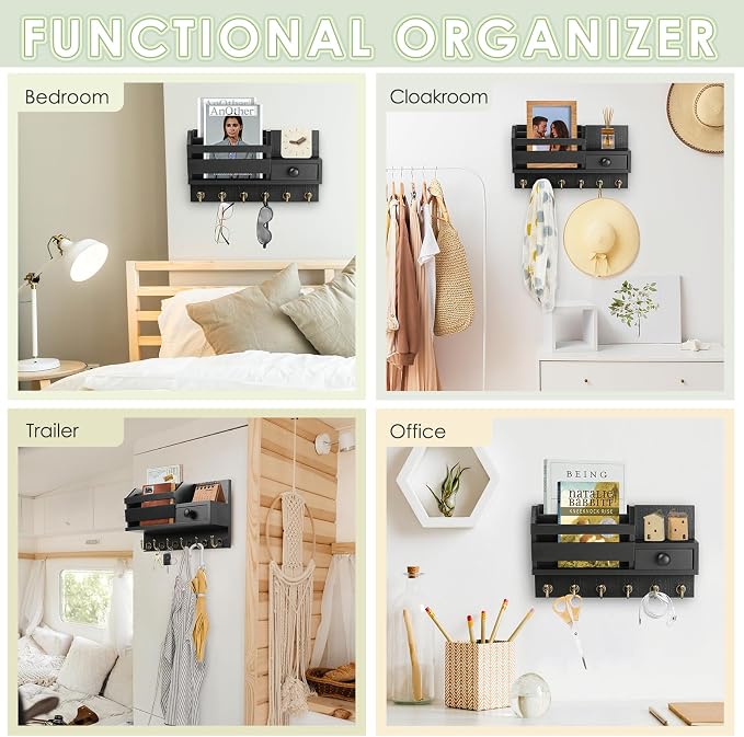 VIS'V Key Holder Wall Mount, Wooden Mail and Key Organizer, Small Shelf - Image 7