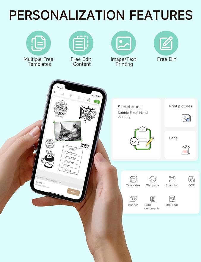 iDPRT Portable Sticker Maker Machine with 1 Roll Sticker Paper, Mini Printer Efficiently and Quickly, Thermal Printer for Study Notes, Pictures, DIY, Label, Free App with Multiple Templates, Green-DeskLoop Office