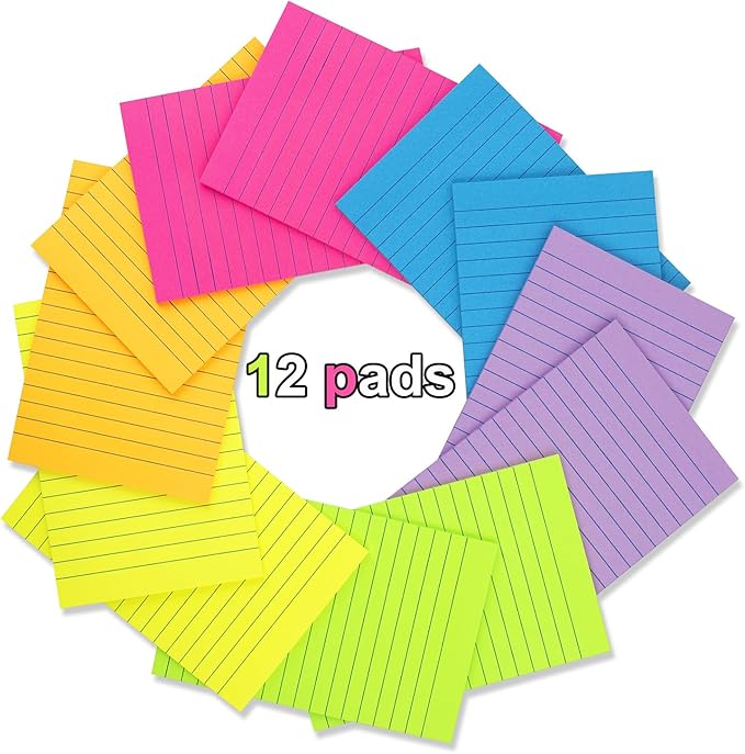 (12 Pack) Lined Sticky Notes 4x6 in Ruled Stickies Super Sticking Power Memo Pads Bright Colors-DeskLoop Office