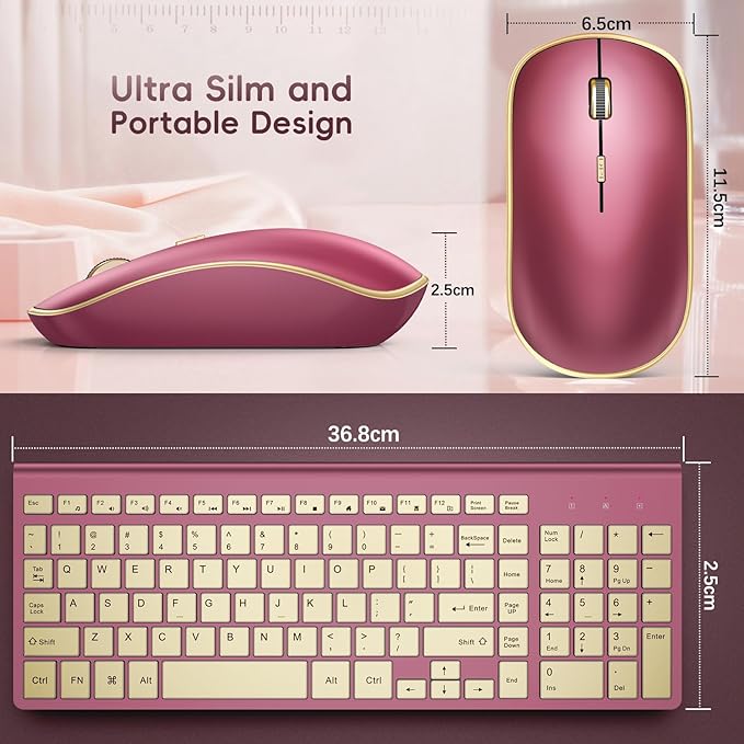 JOYACCESS Wireless Keyboard and Mouse, 2.4g Slim and Ergonomic Wireless Keyboard Mouse Combo- Full Size and Portable Design for Laptop/Windows/Computer-Wine Red Gold-DeskLoop Office