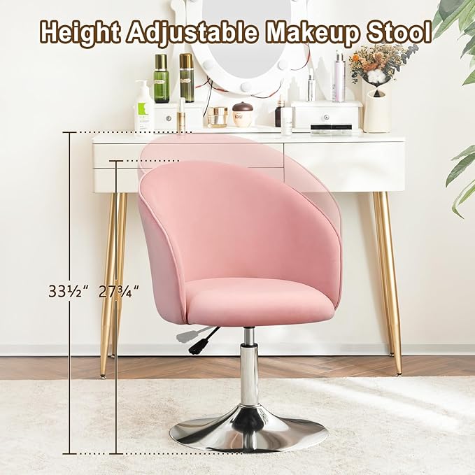 Furnimart Velvet Vanity Chair with Chrome Frame, Height Adjustable & Swivel, Pink - Living Room, Bedroom, Office-DeskLoop Office