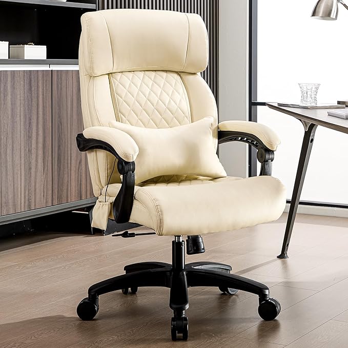 Lumbar Massage Office Chair, 500LBS Big and Tall Office Chair, Heavy Duty Ergonomic Executive Reclining Chair with High Back and Lumbar Support, Beige-DeskLoop Office
