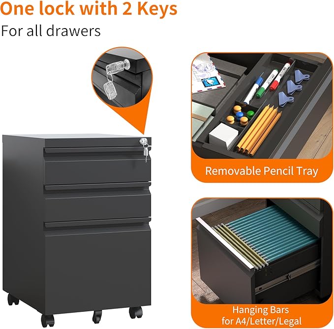 3 Drawer Mobile File Cabinet, Filing Cabinet Home Office for Letter, Legal Size, Fully Assembled Under Desk File Cabinet, Black-DeskLoop Office