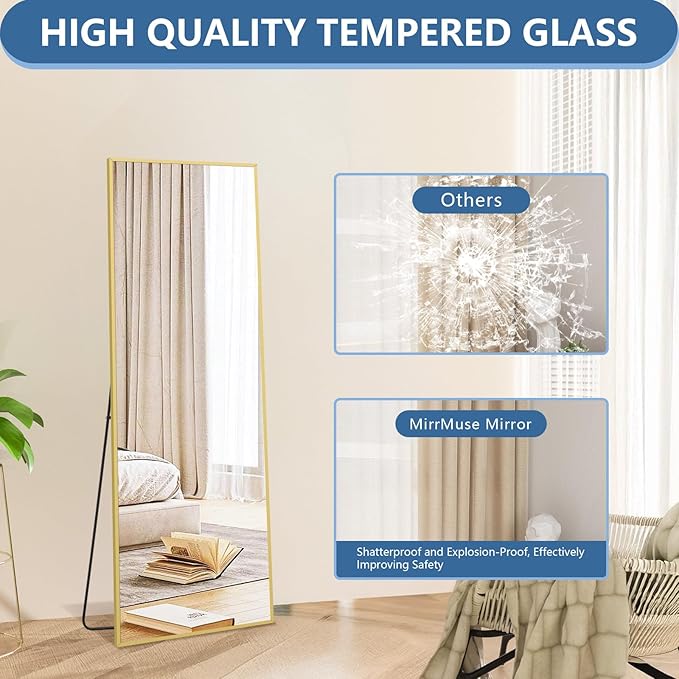 Full Length Mirror, 56"x18" Gold Floor Mirror with Stand, Rectangle Standing Mirror for Living Room Bedroom Cloakroom Gym, Thin Aluminum Frame, Tempered Glass-DeskLoop Office