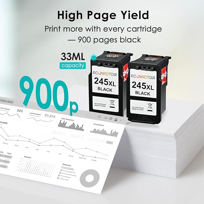 EcoVictor 245XL Black Ink Cartridge Replacement for Canon 245 XL PG-245 XL (Black 2 Pack) Compatible to Pixma MX490 MX492 MG2522 TR4520 TR4500 TS3122 TS3322 MG2520 MG2500 MG3022 TS3320 TR4522 Printer-DeskLoop Office