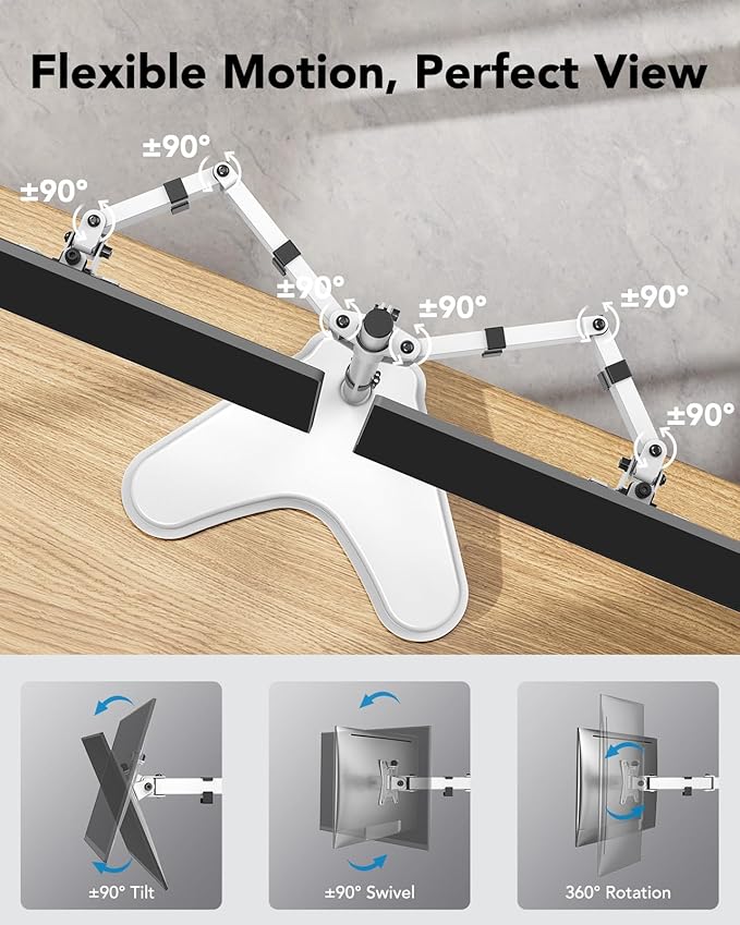 HUANUO 32 inches Dual Monitor Stand up to 17.6lbs, High-Grade Aluminum Free-Standing Dual Monitors Mount for 2 Screens. Fully Adjustable Dual Monitor Stand for Desk with Tilt, Swivel, Rotation, White-DeskLoop Office