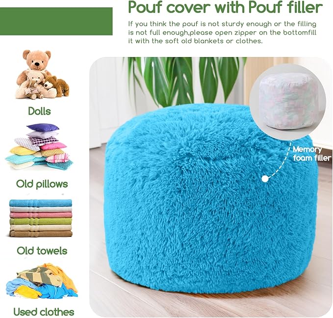 HIGOGOGO Round Stuffed Pouf Ottoman, Long Faux Fur Poufs with Foam Chunk Filling, Fluffy and Furry Pouf Foot Stool Storage Ottoman, 26 X 18 Floor Poufs Foot Rest for Living Room, Blue-DeskLoop Office