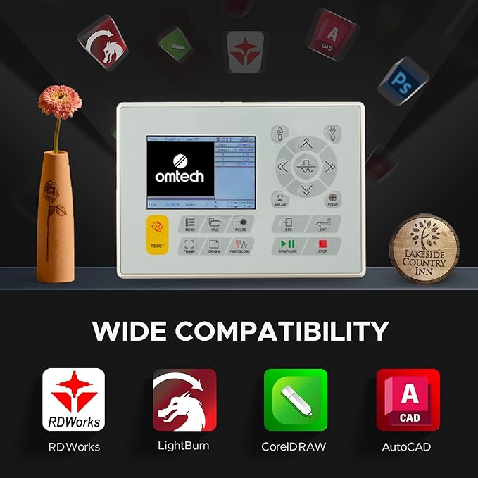 OMTech 90W CO2 Laser Engraver with LightBurn, 28"x20" Cutting & Engraving Machine with Air Assist, 4-Way Pass, Caster Wheels, RDWorks, for Wood, Glass, Acrylic & More-DeskLoop Office