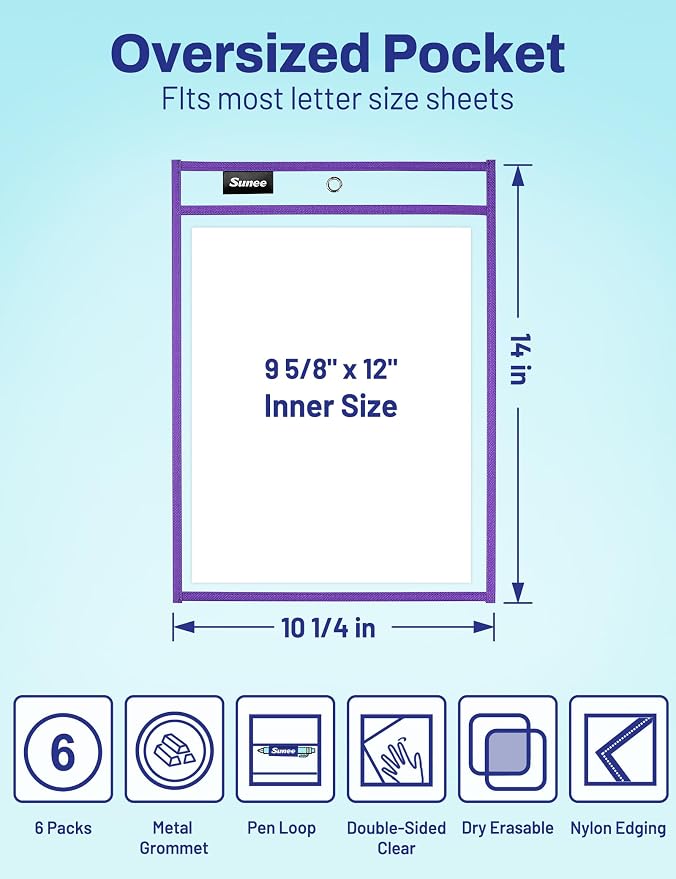 SUNEE 6 Packs Oversized Reusable Dry Erase Pocket Sleeves - Image 2