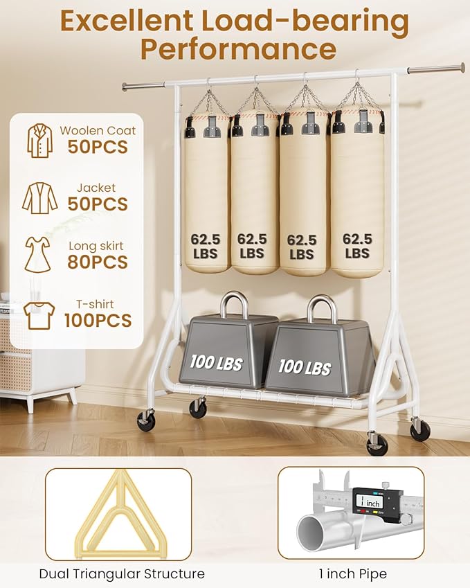 Heavy Duty Clothes Rack, Metal Clothing Rack Load 450 LBS, Rolling Coat Racks for Hanging Clothes with Lockable Wheels, Wardrobe Closet Garment Racks for Bedroom, White-DeskLoop Office