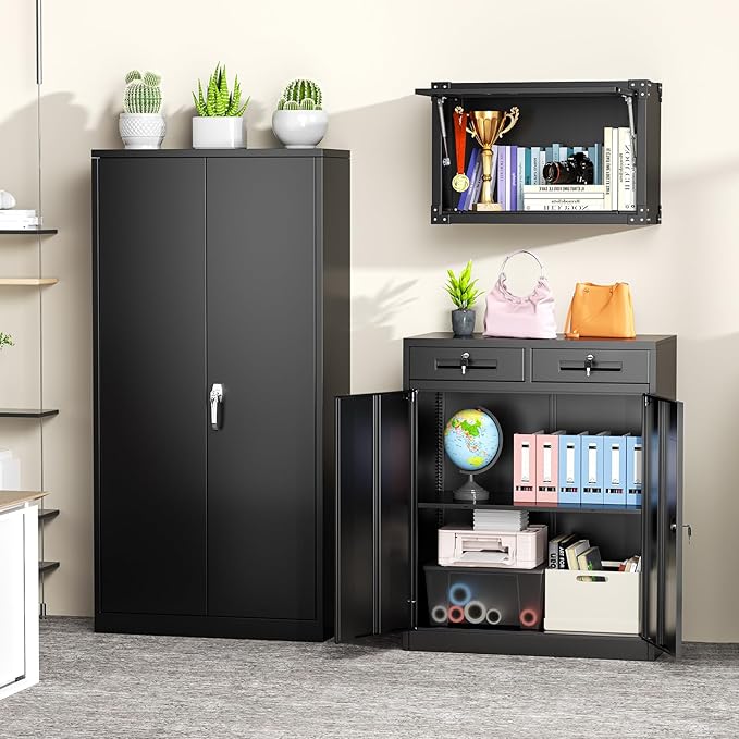 Greenvelly Metal Storage Cabinet with Drawers, 36' Black Steel Garage & Office Storage with Doors and Adjustable Shelves, Locking Metal Tool Cabinet-DeskLoop Office