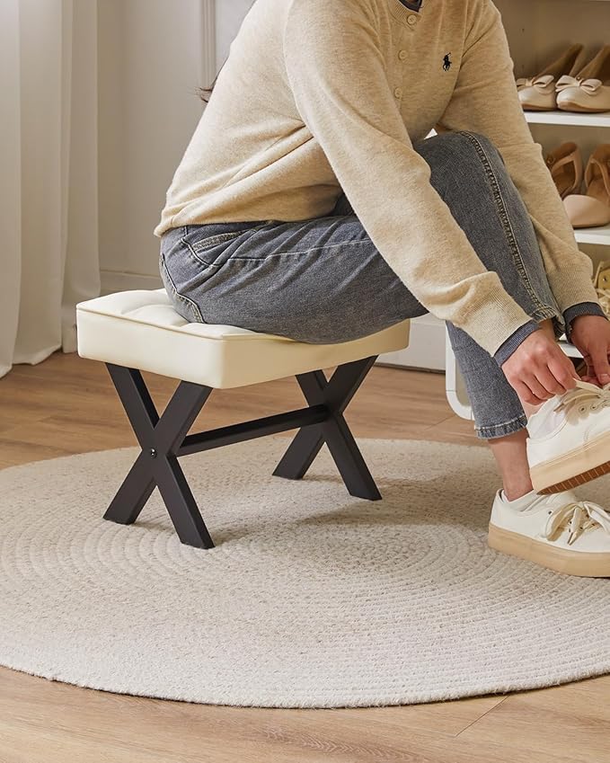IBUYKE Small 12" H Footrest Stool, Square PU Foot Stool with Metal X-Leg, Multi-Use as Small Side Table, Step Stool for Living Room, Bedroom, Entryway, Office, White WBD012W-DeskLoop Office
