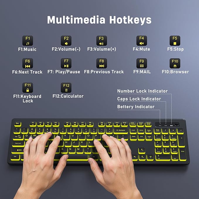 Backlit Wireless Keyboard, 2.4G Silent Wireless Light Up Keyboard, Full Size Computer Keyboards with 7 Colored Backlits, Rechargeable Keyboards for Windows, PC, Laptop (Black, Normative)-DeskLoop Office