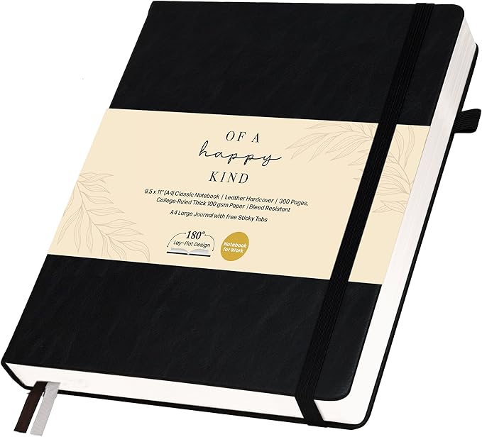 Thick Lined Journal Notebook 8.5x11" with Big A4 Hardcover Leather - Black - 300 Pages College Ruled Large with Sticky Tabs, Pockets, & Pen Loop for Writing and Journaling - Hard Cover Fancy Notebook-DeskLoop Office