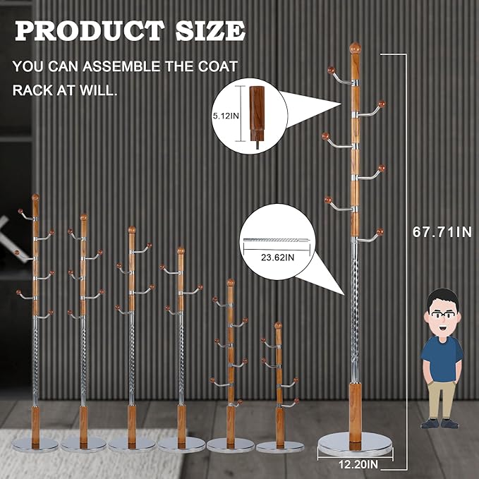 Coat Racks FreeStanding with 14 Hooks, Natural Wood Coat Rack with Solid Round Base, Adjustable Height Coat Racks, Easy Assembly for Hallway, Bedroom and Office (Solid Wood Metal Hook)-DeskLoop Office