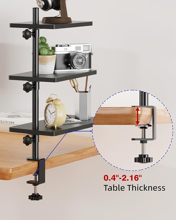 3 Tiers Clamp On Desk Shelf, 360° Angle Adjustable Desktop Shelf Organizer - Image 7