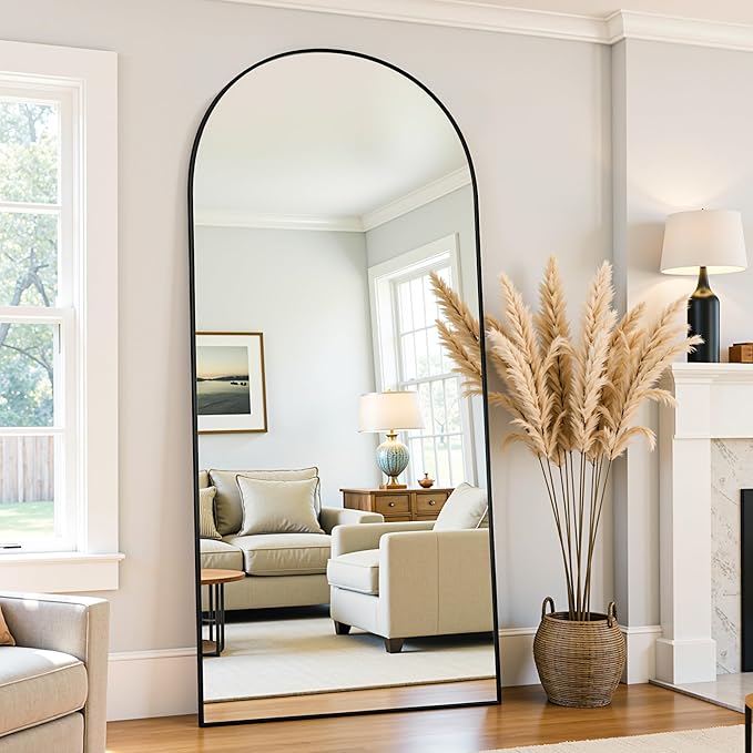 Full Length Mirror, 71"x32" Oversized Floor Mirror Freestanding, Full Body Mirror Floor Standing Mirrors with Stand, Hanging Mounted Mirrors for Bedroom Living Room, Black, Arched Style-DeskLoop Office