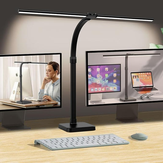 LED Desk Lamp for Home Office, Double Head 24W with Base, Architect Light 5 Lighting Brightness Flexible Gooseneck Table Reading Study, Black-DeskLoop Office