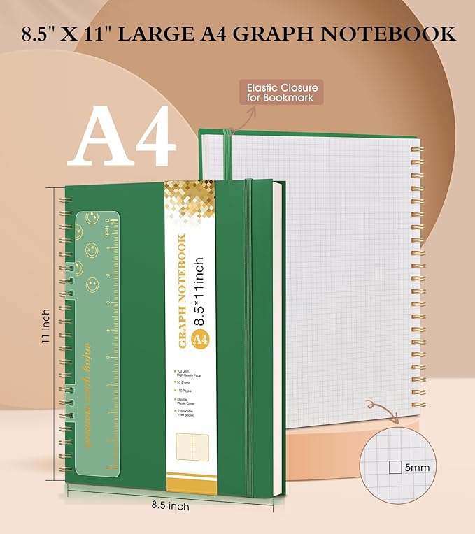 Graph Paper Notebook, Spiral Notebook Journal 8.5” x 11”, A4 Large Grid Notebooks for Women Men, 100 GSM Graph Paper, Plastic Hardcover Spiral Graphing Journals for Work School Engineerin, Green-DeskLoop Office