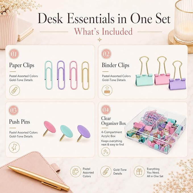 Pastel Paper Clips Binder Clips Push Pins Set - Image 2