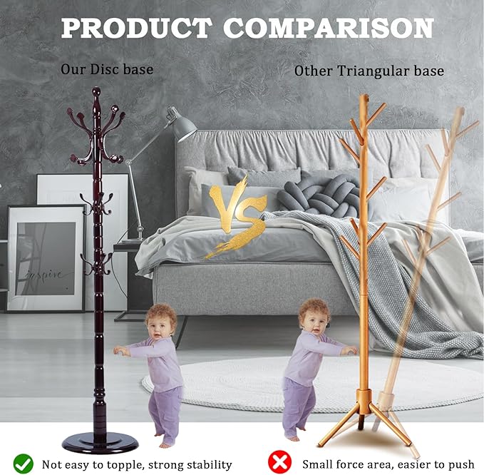 Coat Racks FreeStanding with 14 Hooks, Natural Wood Coat Rack with Solid Round Base, Adjustable Height Coat Racks, Easy Assembly for Hallway, Bedroom and Office (Rosewood Ruyi Hook)-DeskLoop Office