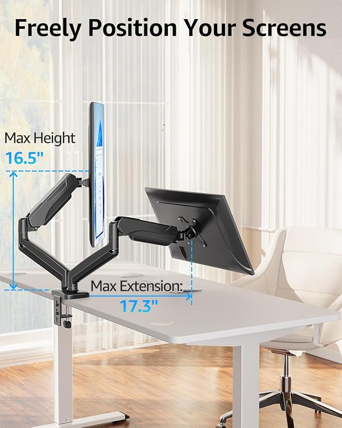 MOUNTUP Dual Monitor Stand for Desk, Pneumatic Monitor Arms for 2 Monitors Max 32 Inches, Height Adjustable Double Monitor Mount, VESA Mounts with C-Clamp & Grommet Base, Holds 4.4-17.6lbs, Black-DeskLoop Office