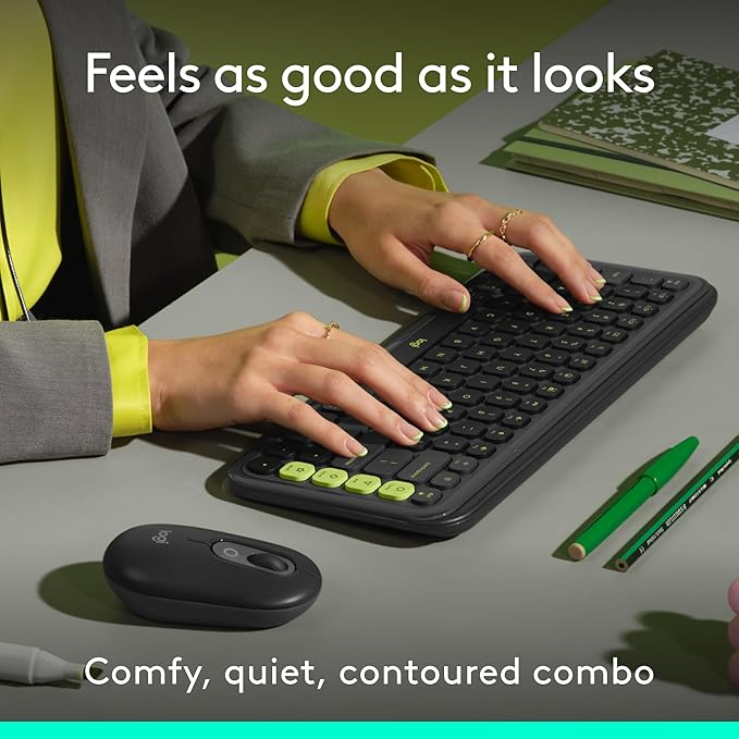 Logitech POP ICON Combo, Bluetooth Keyboard and Mouse Combo, Comfortable Typing, programmable Keys and Buttons, Quiet clicks, Easy-Switch up to 3 Devices - Graphite and Lime-DeskLoop Office