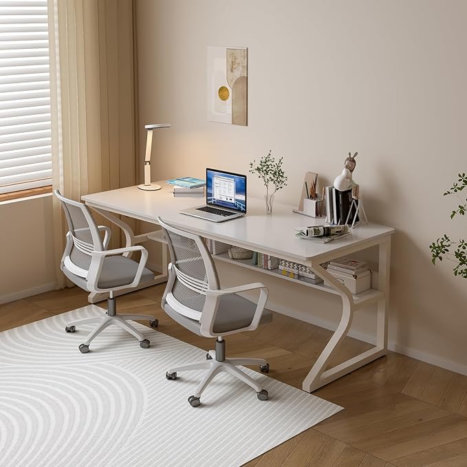 Extra Long Desk with Bookshelf - 63" Double Long Writing Table for 2-Person Workstation, Modern Study Work Computer Desk for Home and Office, Warm White-DeskLoop Office