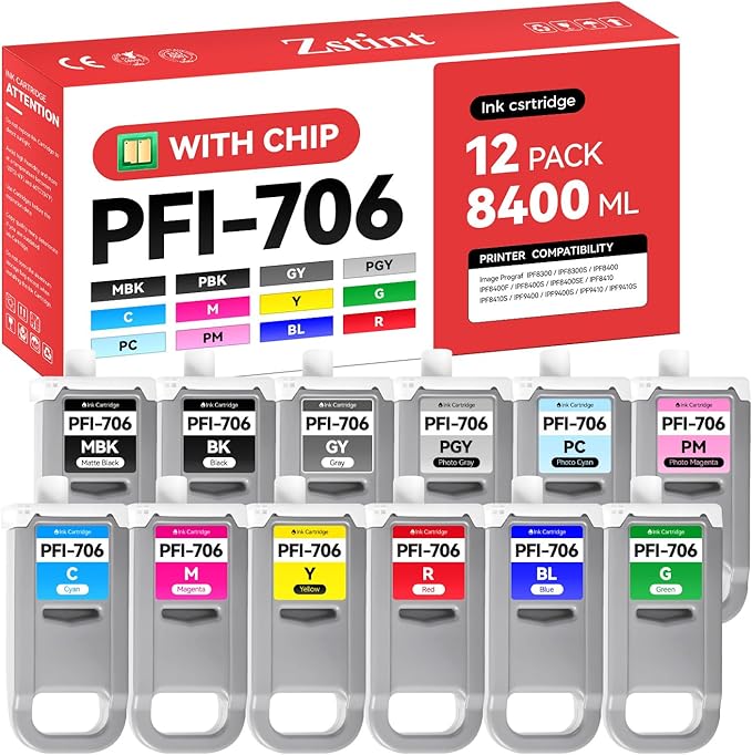 PFI-706 Pigment Ink Tank 12-Pack 700ml Ink Cartridges Compatible with Canon ImagePROGRAF iPF8300 iPF8300S iPF8400F iPF8400S iPF8400SE iPF9400 iPF9400S iPF8400 iPF8410 iPF9410 iPF8410S iPF9410S Printer-DeskLoop Office