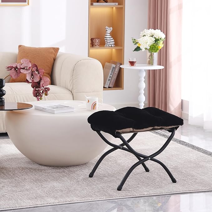 LITA Folding Upholstered Footrest Stool, Modern Small Portable Accent Ottoman with Detachable Thick Cotton Cushion Padded Sofa Stool with Metal Frame for Lazy Chair, Living Room & Bedroom, Plush Black-DeskLoop Office