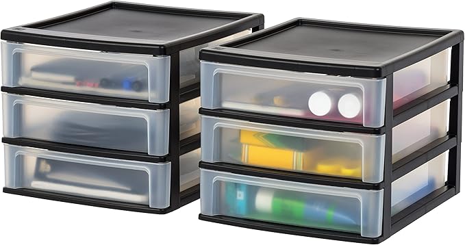 IRIS USA Plastic Stacking Desk Top 3-Drawer Storage Organizer, 2-Pack, for Makeup Vanity Nail Polish Bathroom Stationery Art Craft Supplies Kitchen Office Garage and Small Organization, Medium, Black-DeskLoop Office