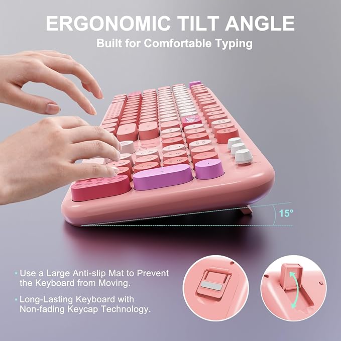 Wireless Keyboard and Mouse Combo, 104 Round Keys Full-Size Cute Colorful Pink Cordless Keyboard and Mouse with Retro Typewriter for PC/Mac/Laptop/Tablet/Computer/Windows Pink-DeskLoop Office
