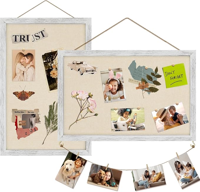 Egofine Cork Board Bulletin Board with Linen, 16x11 Wood Frame Pin Board, 2 Pack Cork Boards for Walls, Vision Board Hanging horizontal or Vertically for Office Home Decor School Kitchen, Rustic White-DeskLoop Office