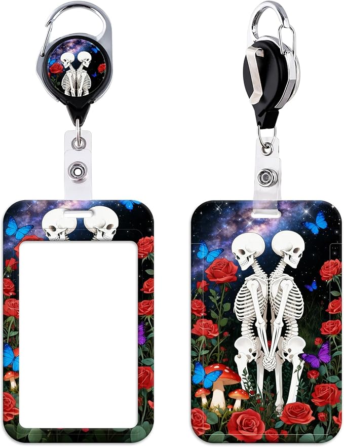 Skeleton ID Badge Holder Cute Rose Heavy Duty Retractable Badge Reel ID Holder by beemorita