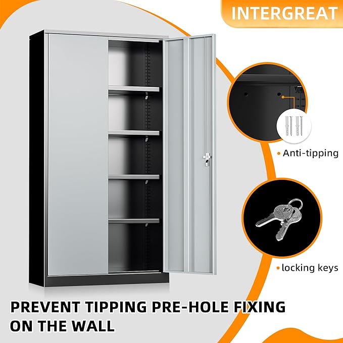 INTERGREAT Metal Storage Cabinet with Doors and Shelves,72" H Black Gray Steel Tool Locking Cabinet, Metal Storage Cabinet for Home Office, Warehouse, School-DeskLoop Office