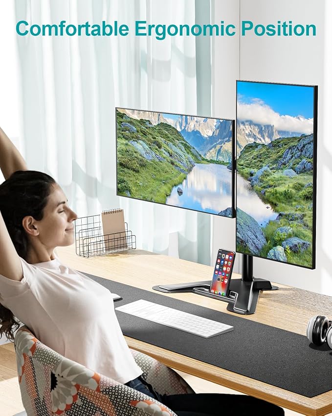 MOUNT PRO Dual Monitor Stand, Free-Standing Full Motion Monitor Desk Mount Fits 2 Screens up to 27 inches,17.6lbs with Height Adjustable, Swivel, Tilt, Rotation, VESA 75x75 100x100, Black-DeskLoop Office