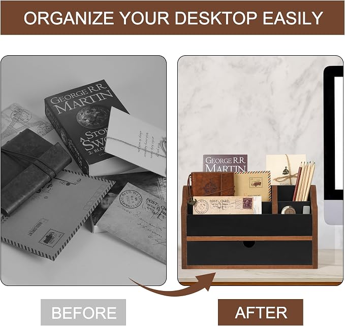 Desk Organizer with Drawer Wood File Office Mail Organizer Countertop-5 Slot - Image 4